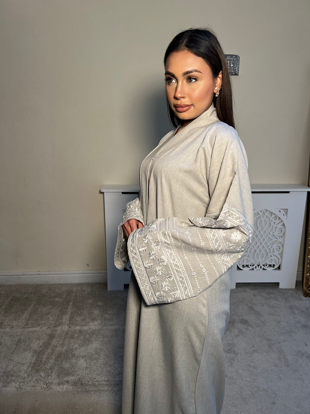 Beige Embroidered 2 piece Emirati Abaya-Nora