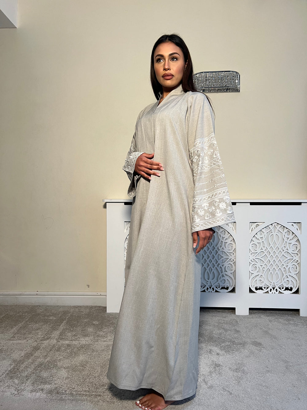 Beige Embroidered 2 piece Emirati Abaya-Nora