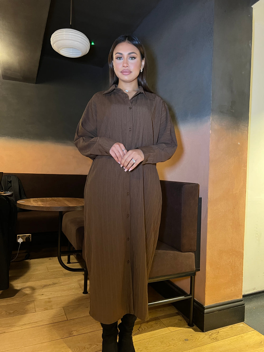 Riccia Oversized Long Sleeve  Brown Dress Shirt