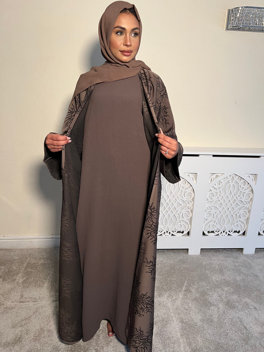 Printed brown 3 piece Emirati Abaya- Rawiyah