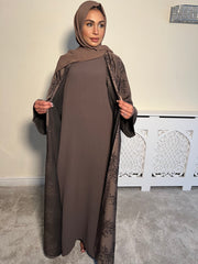 Printed brown 3 piece Emirati Abaya- Rawiyah
