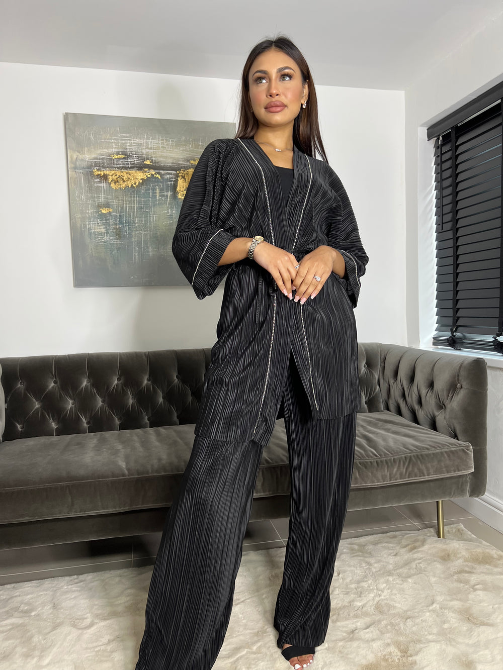 Lazio Black Plisse Diamonte Co Ord Set