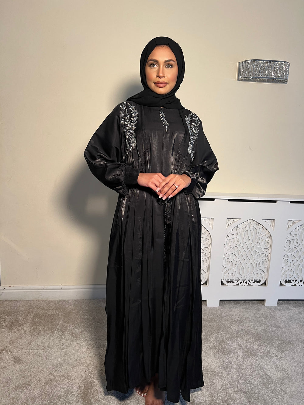 Black Embelished 3 Piece Emirati Abaya-Arwa
