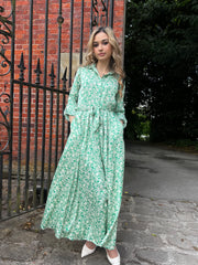 Botanical Green Print Maxi Dress With Pockets