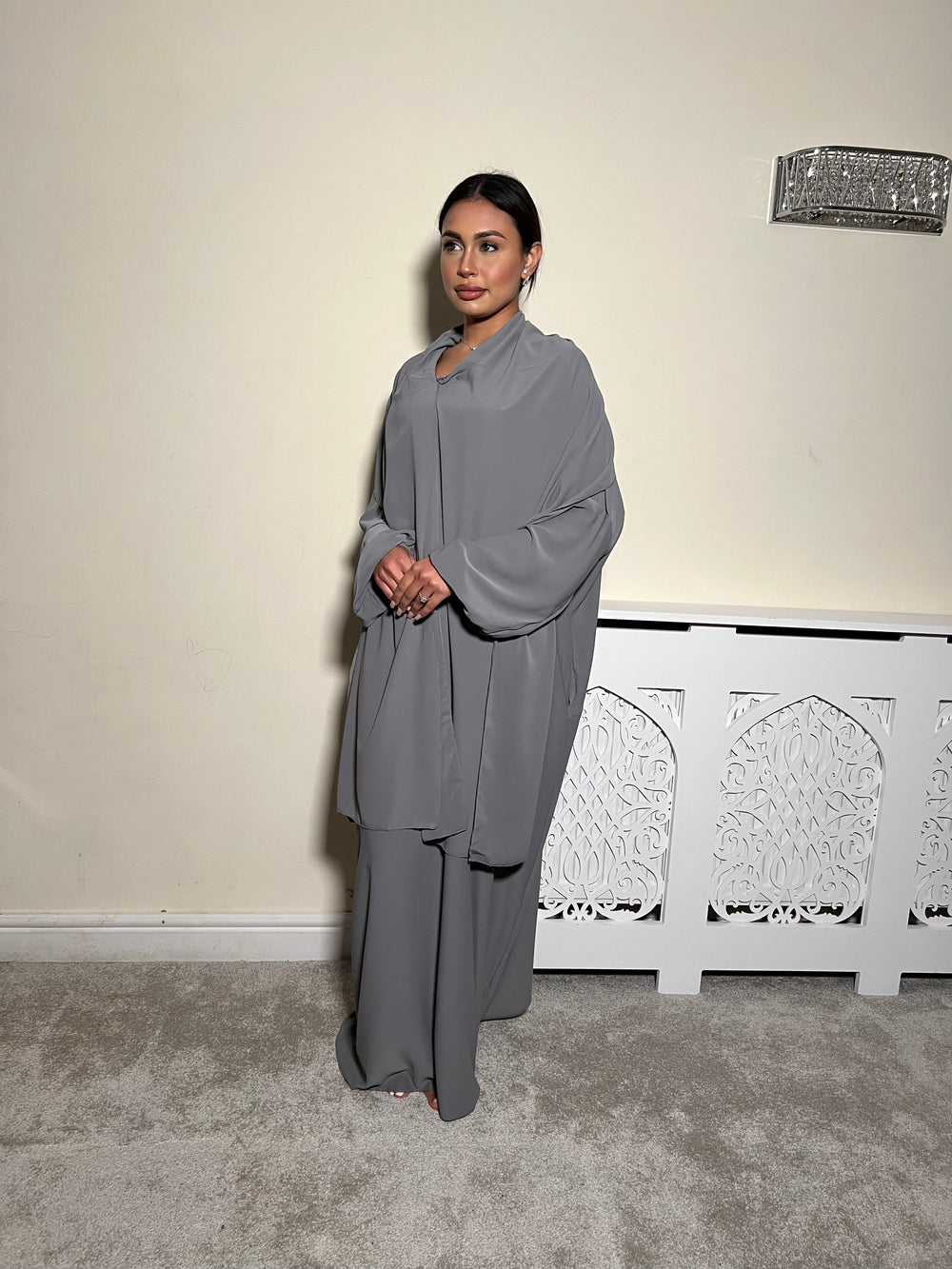 Grey Pockets Abaya With In Built Scarf