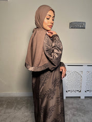 Printed brown 3 piece Emirati Abaya- Rawiyah