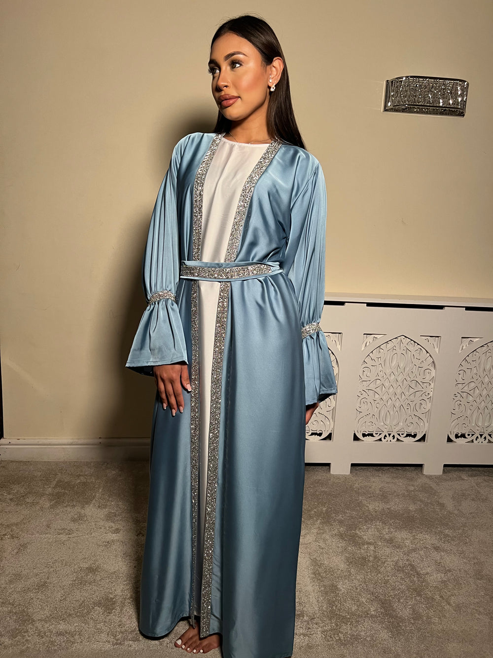 Embellished blue 3 piece Emirati Abaya- Amira