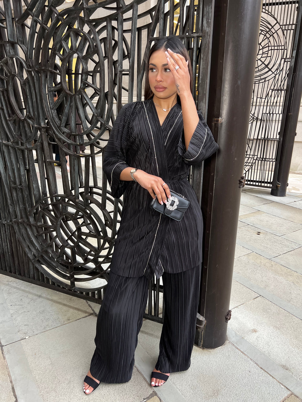 Lazio Black Plisse Diamonte Co Ord Set