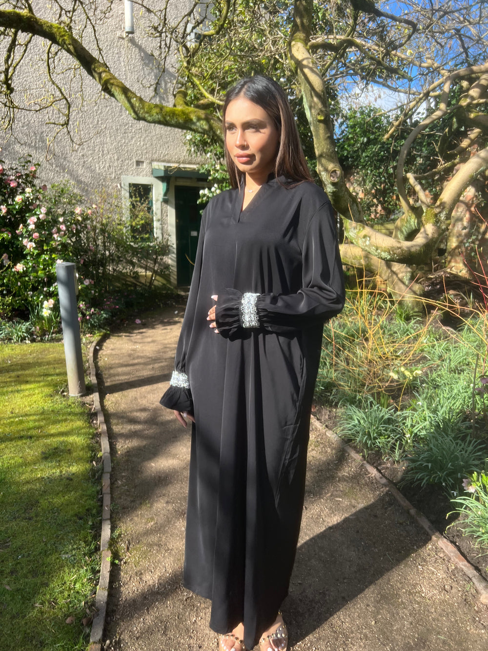 Black Embellished Abaya Dress with pockets
