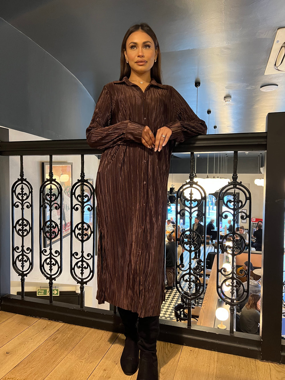 Persaro Brown Plisse long button dress