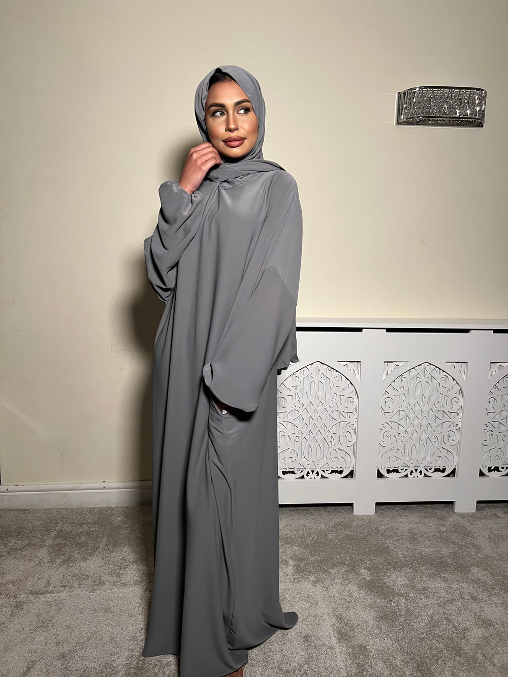 Grey Pockets Abaya With In Built Scarf