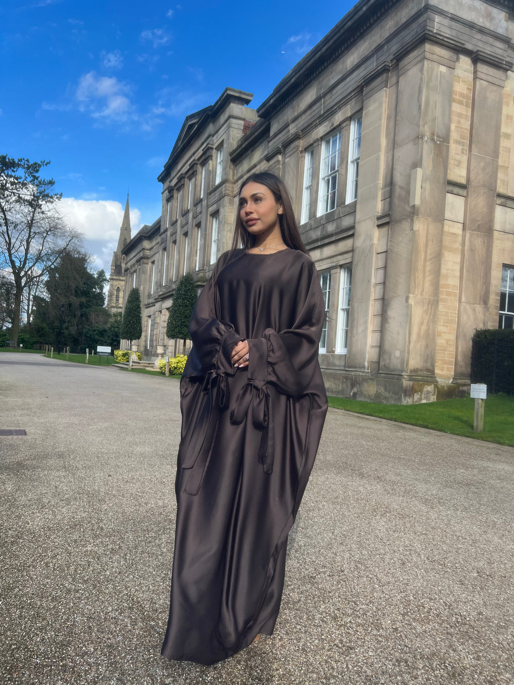 Satin Butterfly Abaya with tie detail Chocolate Brown