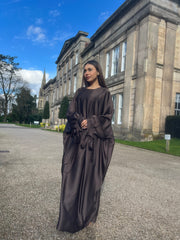 Satin Butterfly Abaya with tie detail Chocolate Brown