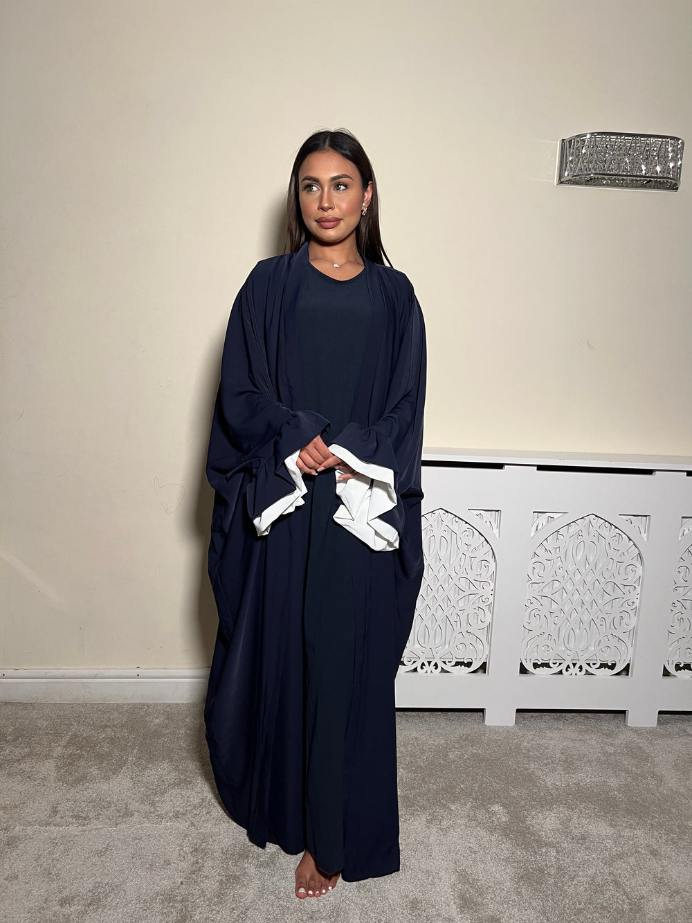 Navy Flower Cuff Open Abaya