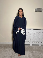 Navy Flower Cuff Open Abaya