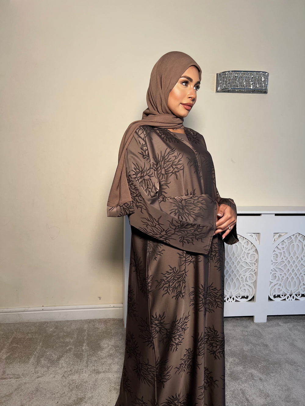 Printed brown 3 piece Emirati Abaya- Rawiyah