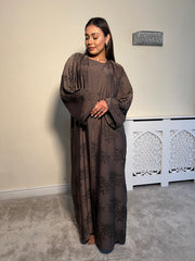 Printed brown 3 piece Emirati Abaya- Rawiyah