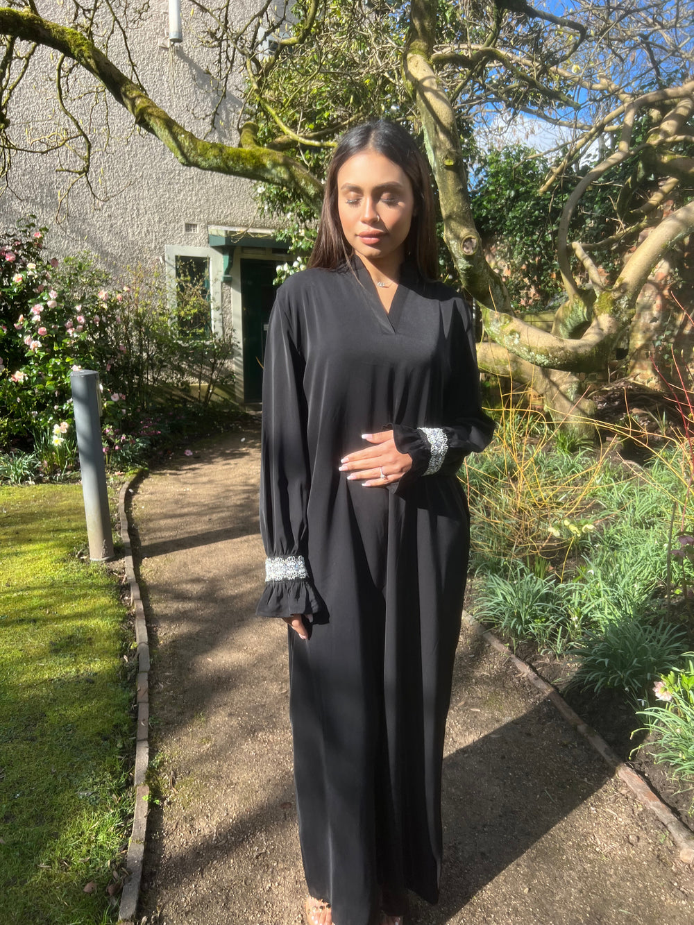Black Embellished Abaya Dress with pockets
