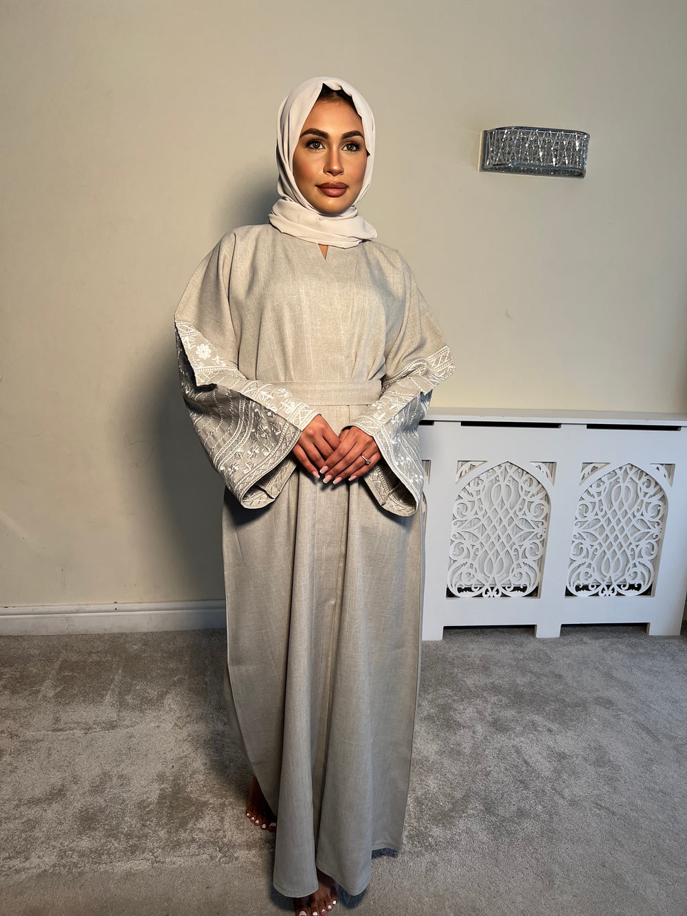 Beige Embroidered 2 piece Emirati Abaya-Nora