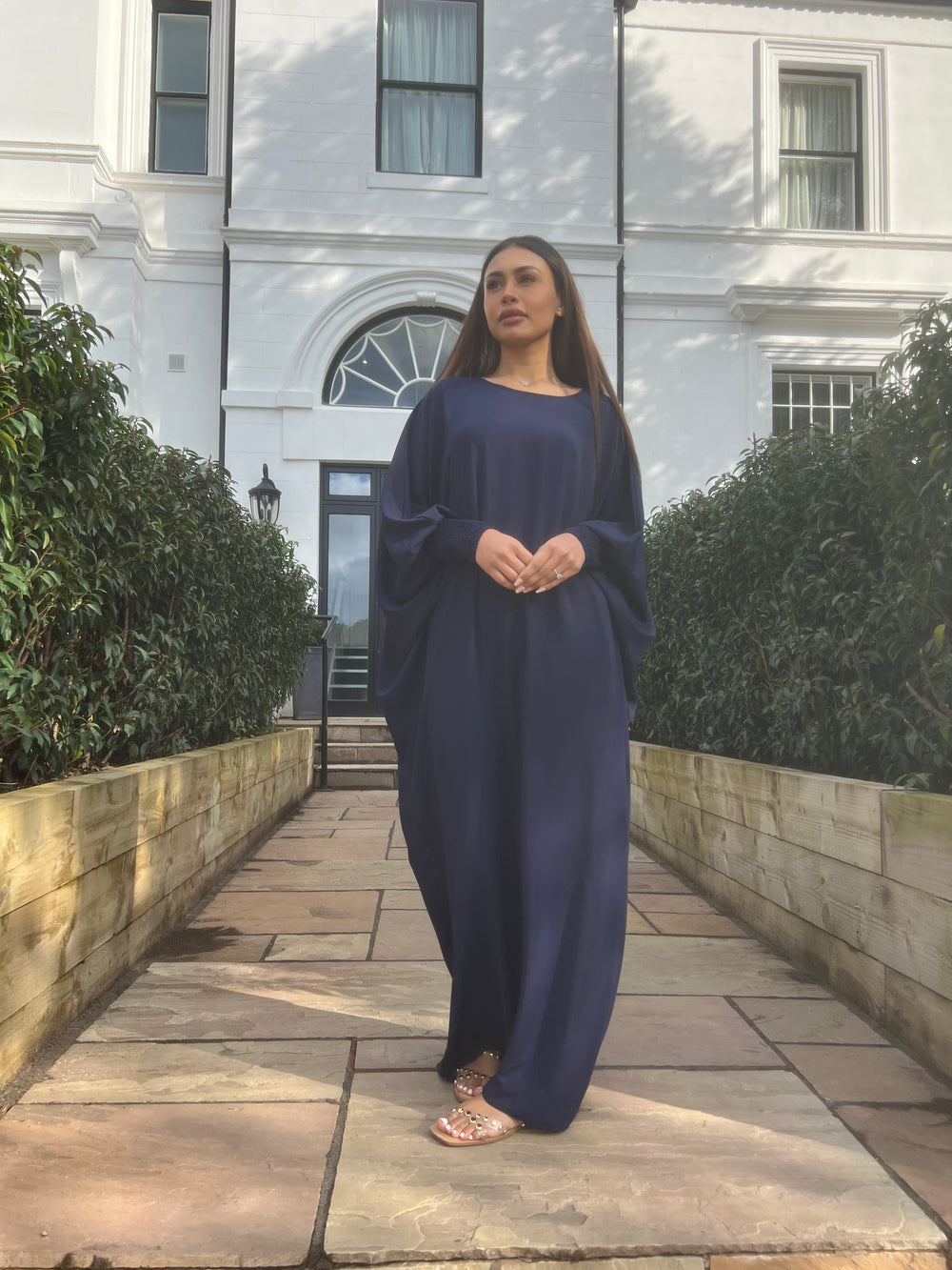 Navy Butterfly Abaya with ruched sleeves