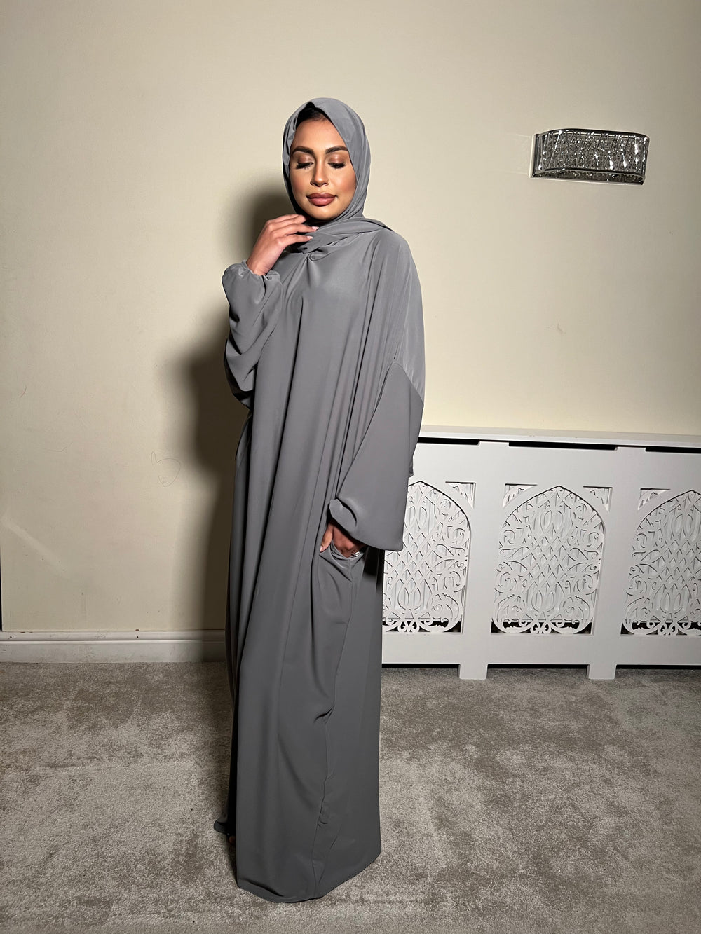 Grey Pockets Abaya With In Built Scarf