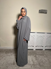Grey Pockets Abaya With In Built Scarf