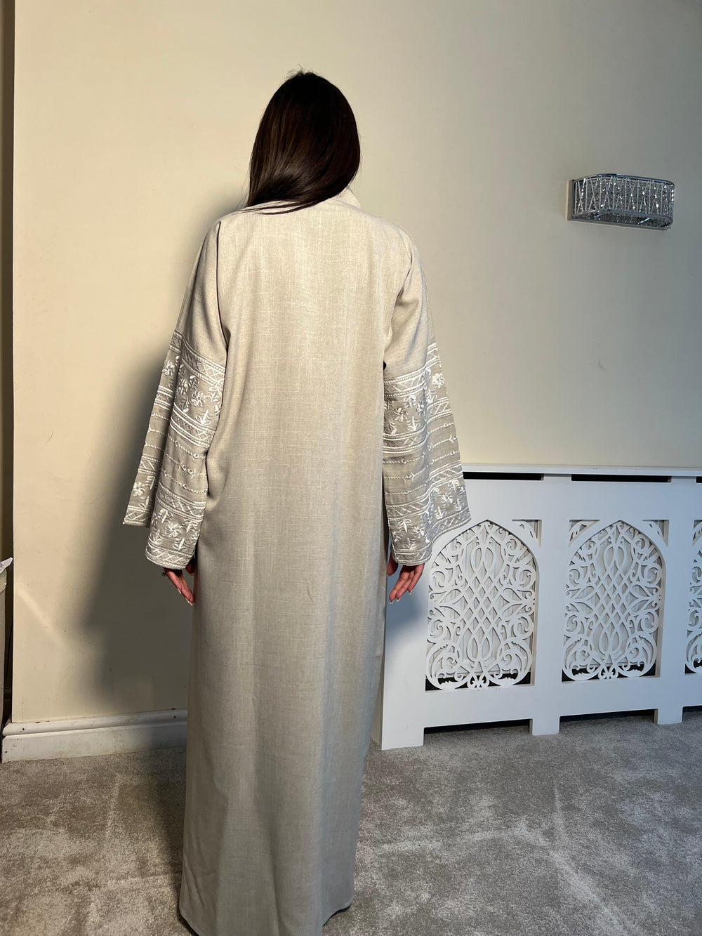 Beige Embroidered 2 piece Emirati Abaya-Nora