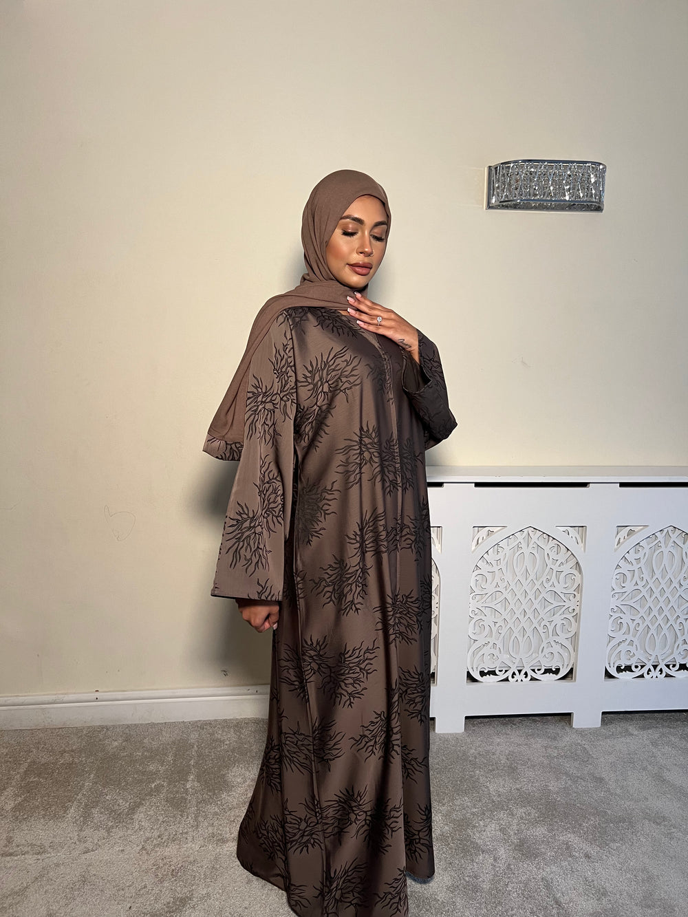 Printed brown 3 piece Emirati Abaya- Rawiyah