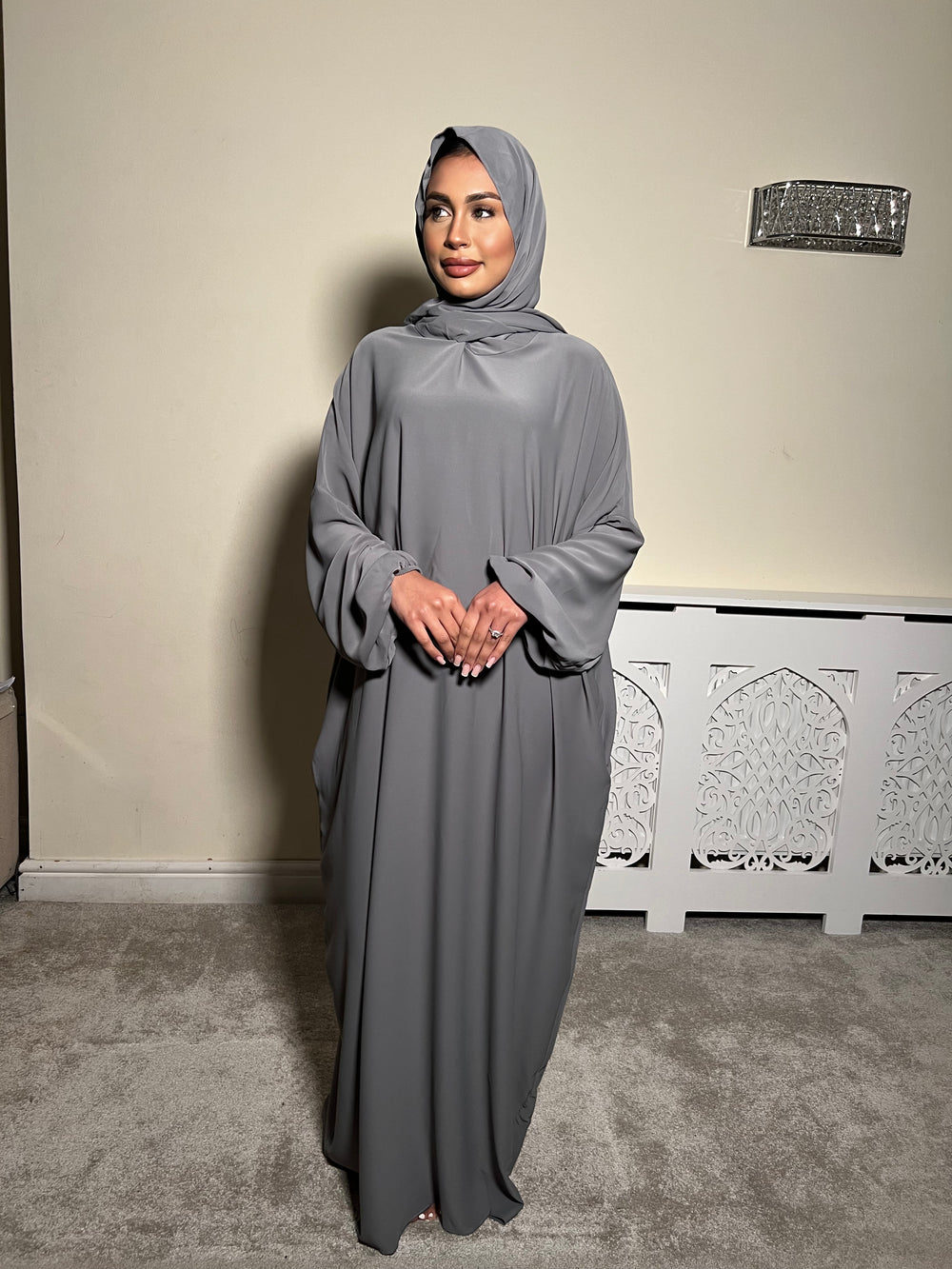 Grey Pockets Abaya With In Built Scarf