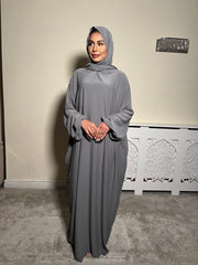 Grey Pockets Abaya With In Built Scarf
