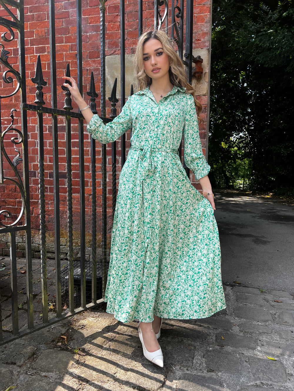 Botanical Green Print Maxi Dress With Pockets