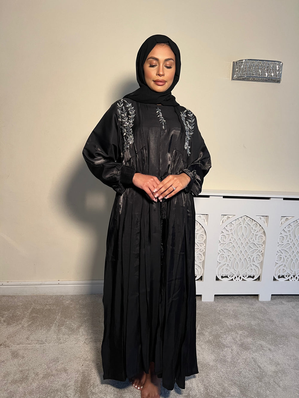 Black Embelished 3 Piece Emirati Abaya-Arwa
