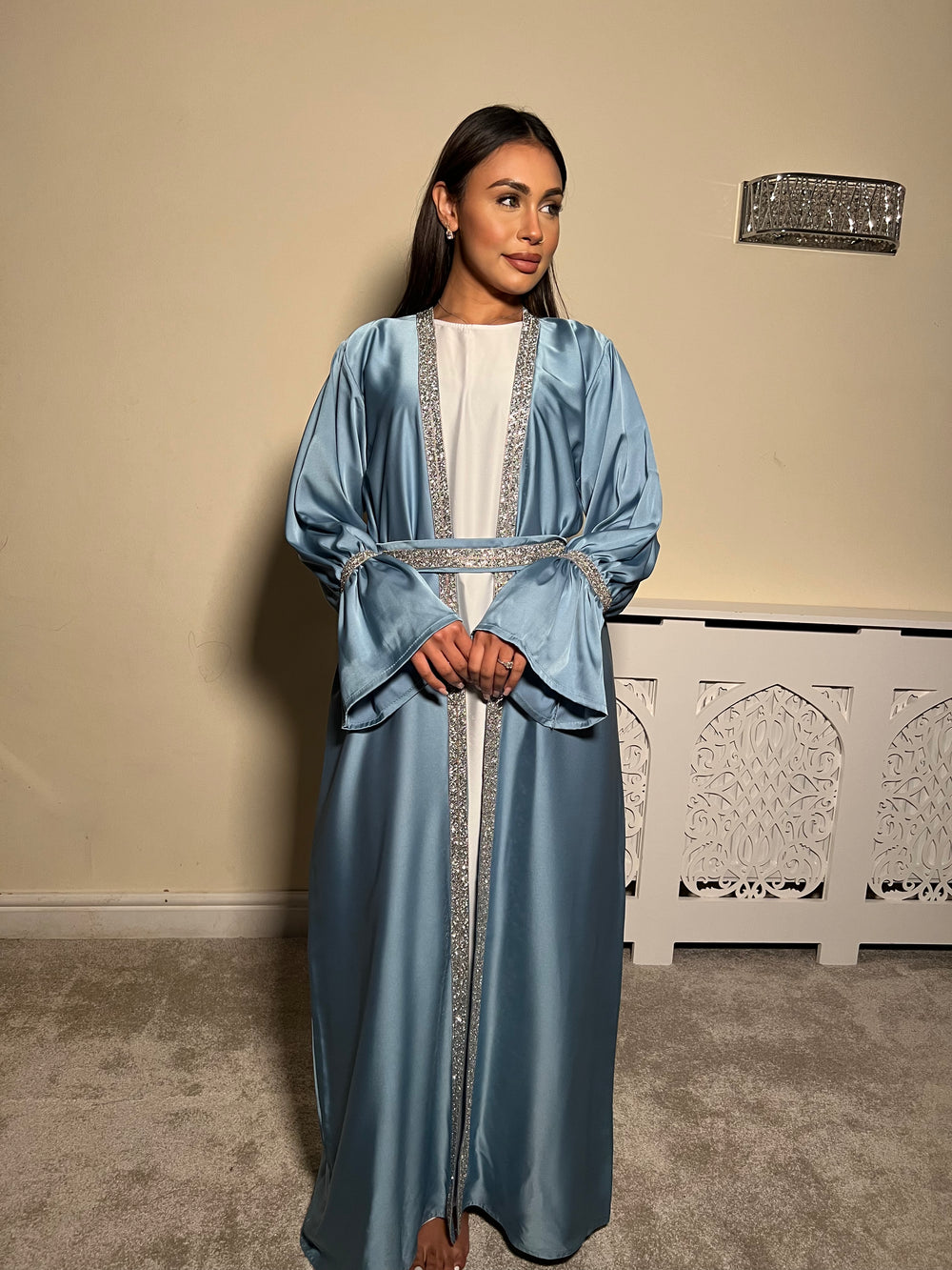 Embellished blue 3 piece Emirati Abaya- Amira