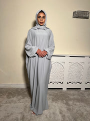 Light Grey Pockets Abaya With In Built Scarf