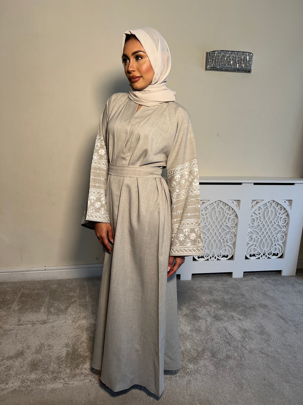 Beige Embroidered 2 piece Emirati Abaya-Nora