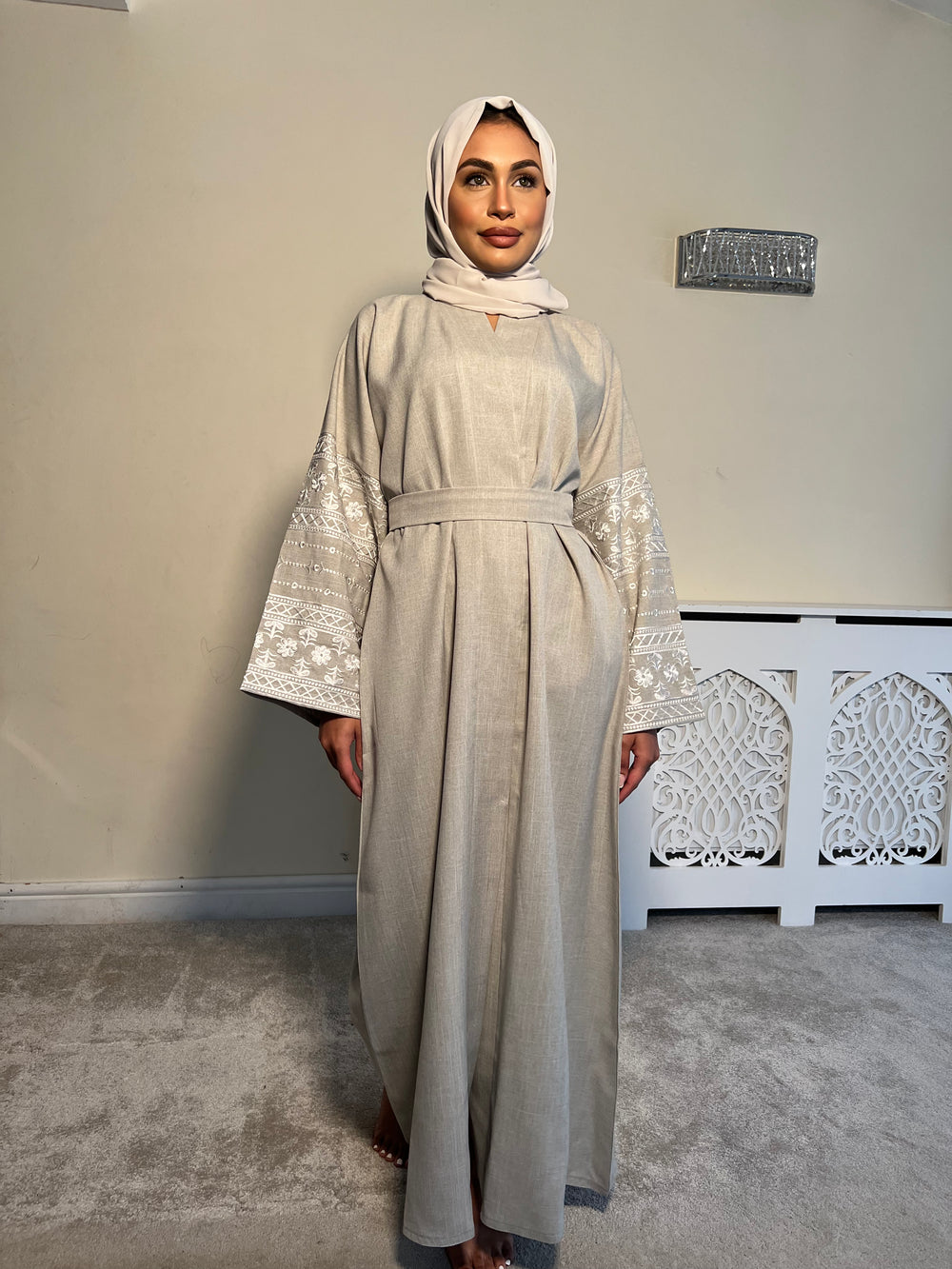 Beige Embroidered 2 piece Emirati Abaya-Nora
