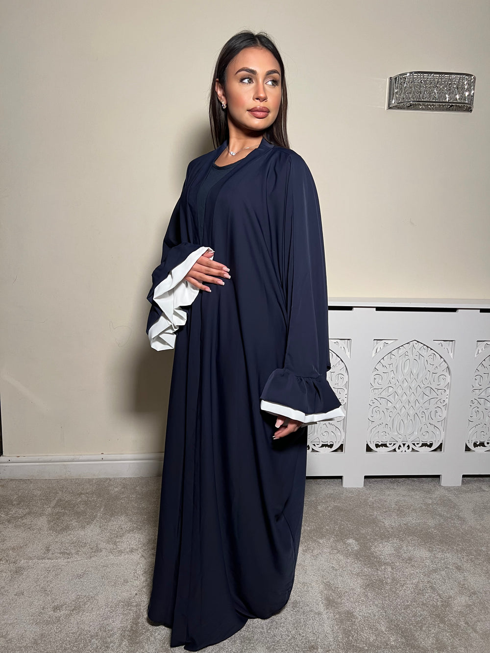 Navy Flower Cuff Open Abaya