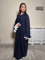Navy Flower Cuff Open Abaya