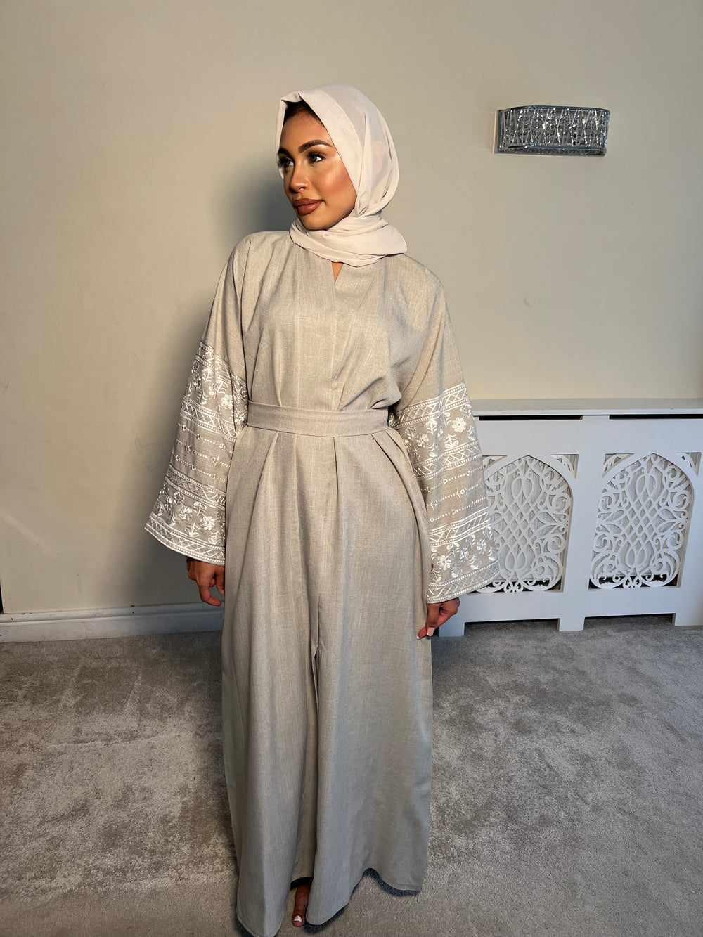 Beige Embroidered 2 piece Emirati Abaya-Nora
