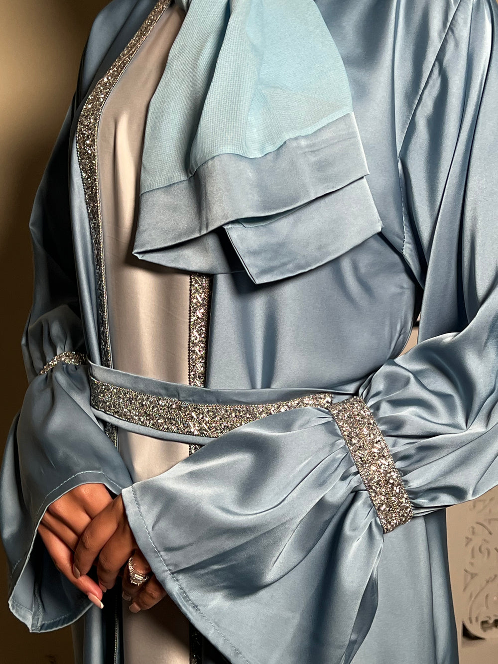 Embellished blue 3 piece Emirati Abaya- Amira
