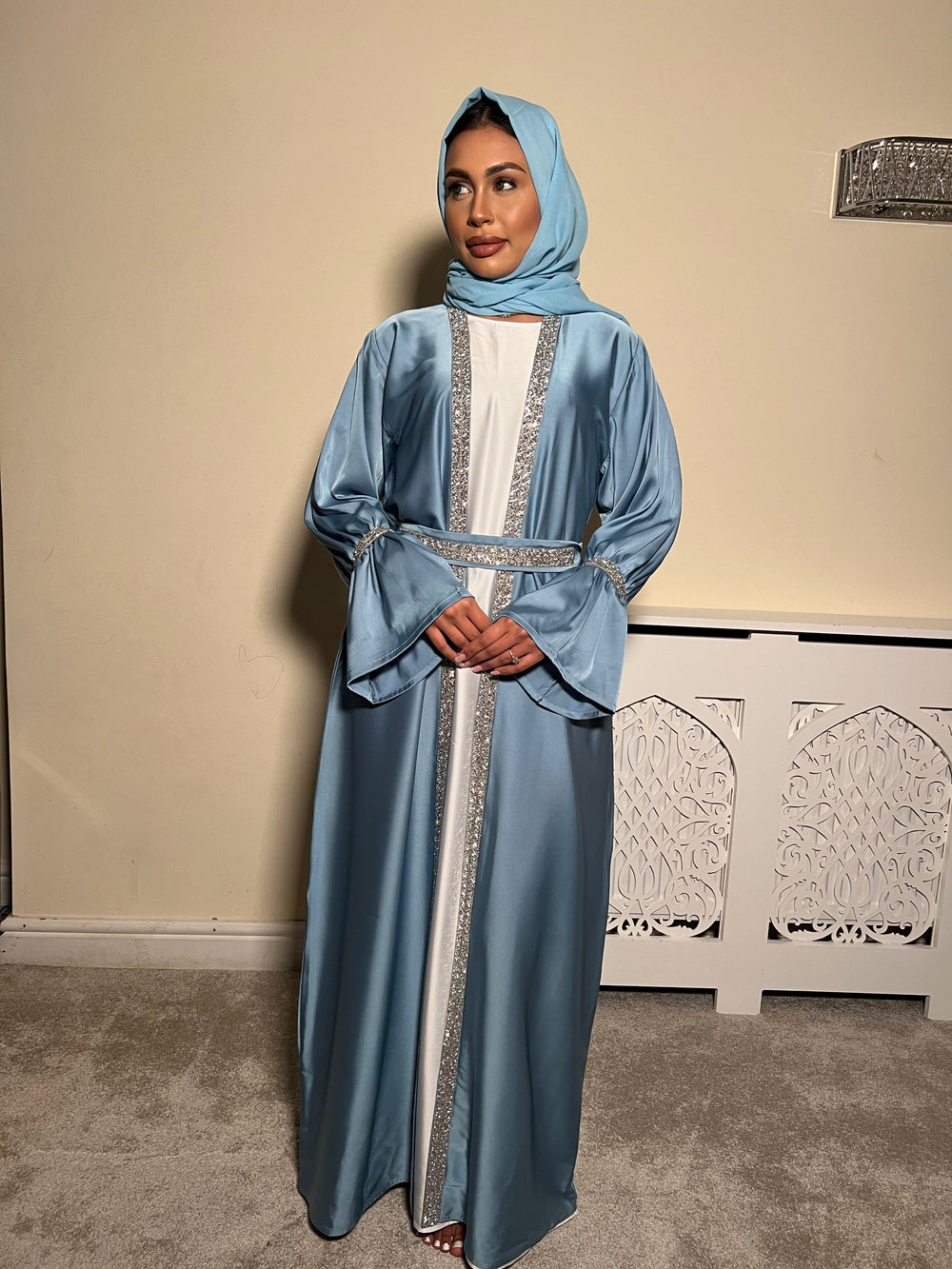 Embellished blue 3 piece Emirati Abaya- Amira