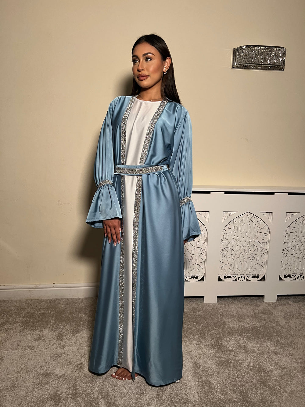 Embellished blue 3 piece Emirati Abaya- Amira