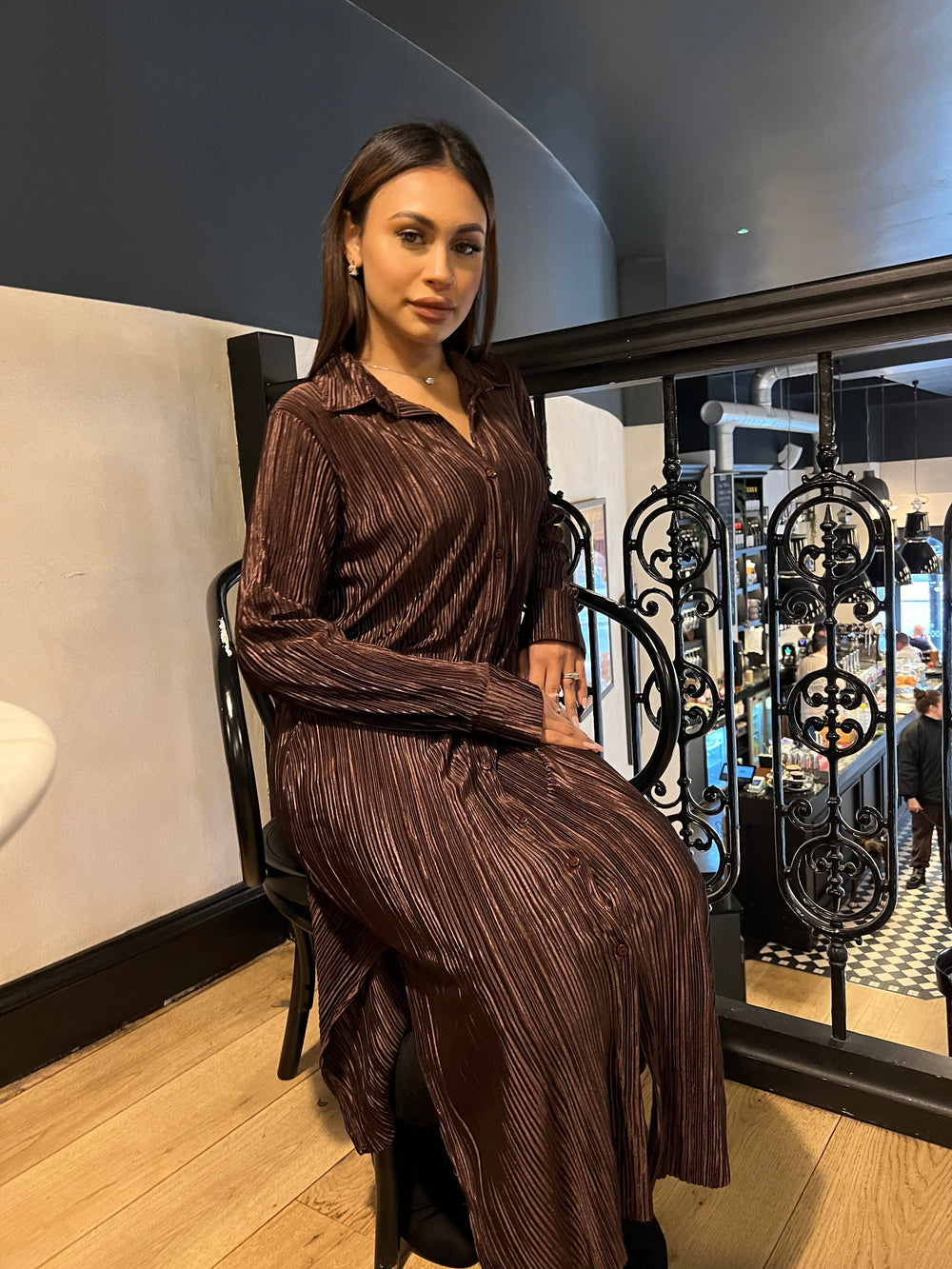 Persaro Brown Plisse long button dress