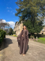 Satin Butterfly Abaya with tie detail Chocolate Brown