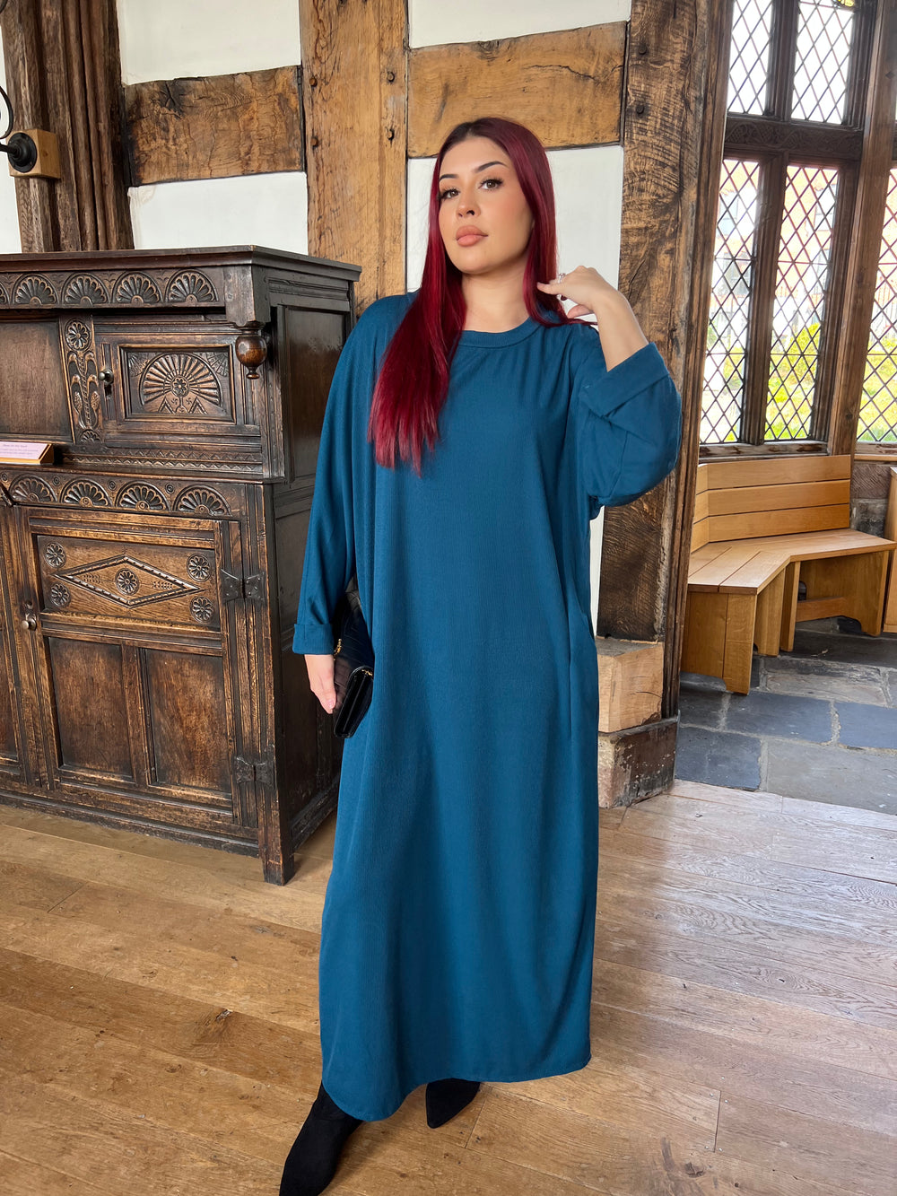 Teal Ribbed Dress with Pockets