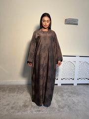 Printed brown 3 piece Emirati Abaya- Rawiyah
