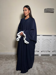 Navy Flower Cuff Open Abaya