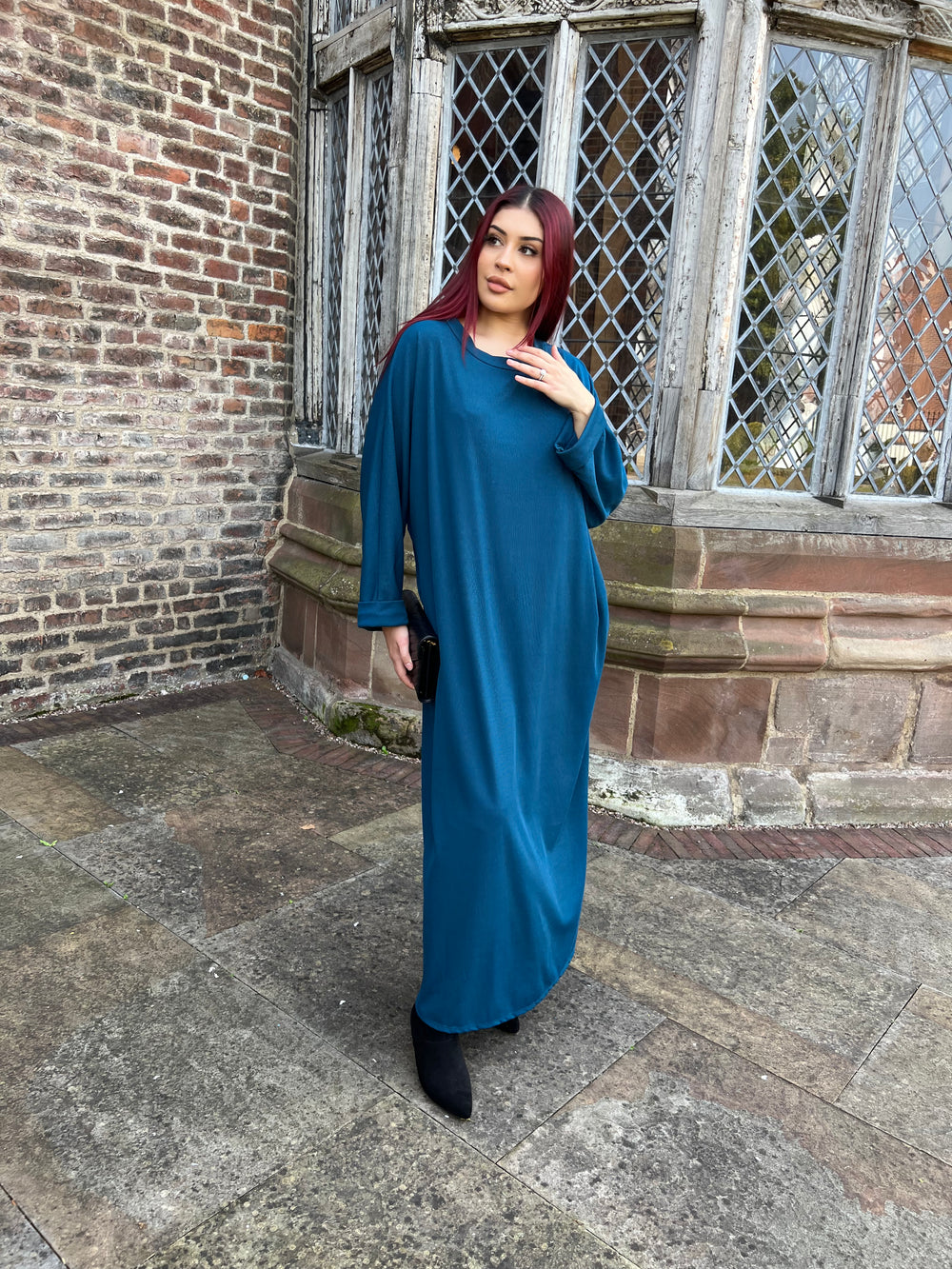 Teal Ribbed Dress with Pockets