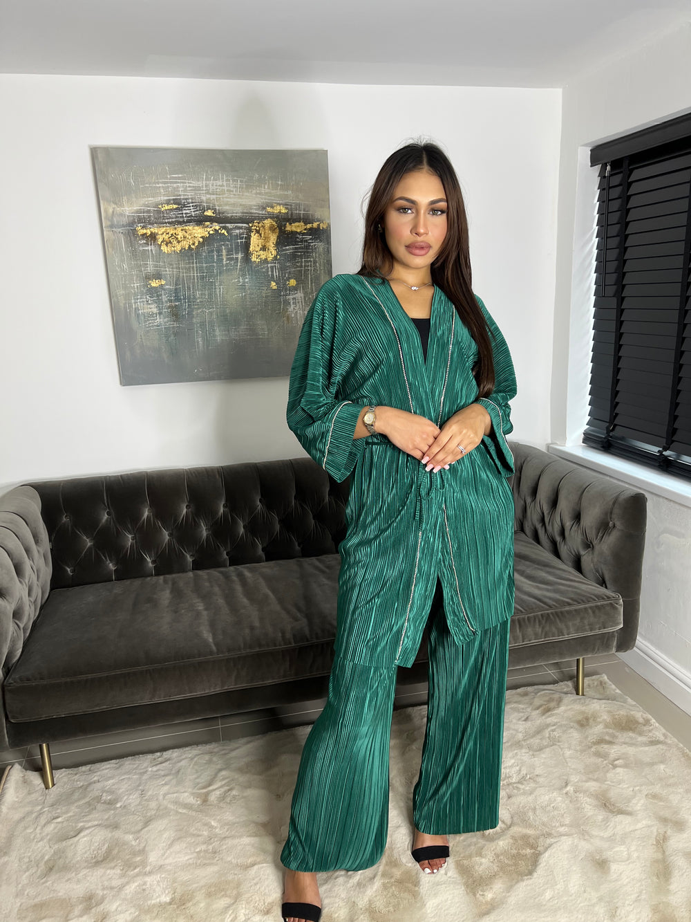 Lazio Green Plisse Diamonte Co Ord Set