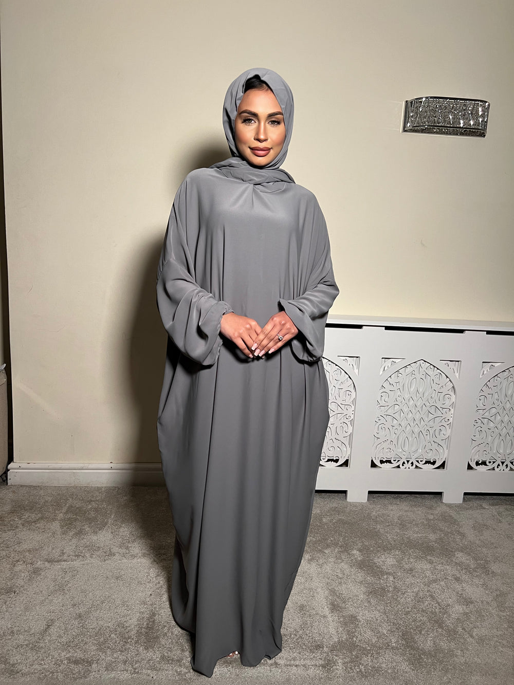 Grey Pockets Abaya With In Built Scarf